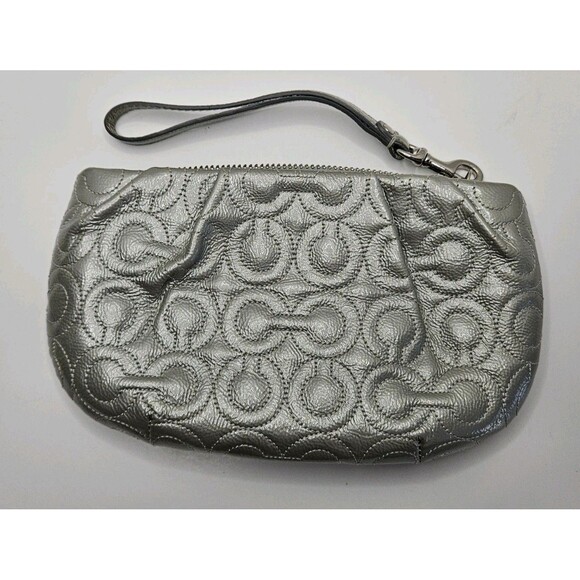 COACH Wristlet Quilted Leather Op Art Signature C Monogram 43229 Silver & Blue - Picture 2 of 9